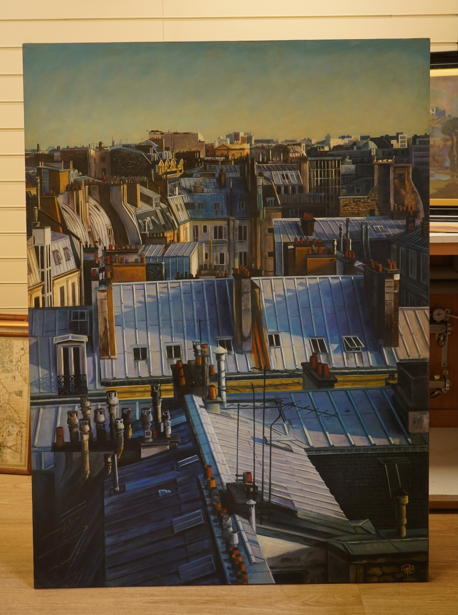 After Rowland Renaud (contemporary), 'View from above', large oil on canvas, unframed, 150 x 110cm